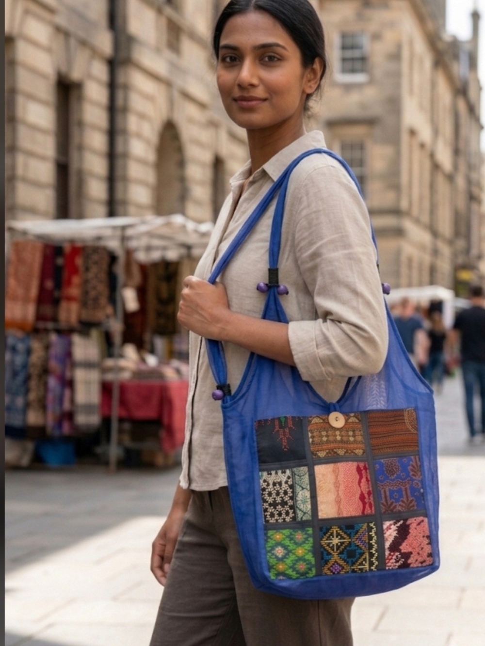 Hand Crafted Convertable Blue Patchwork Tote with Multicolor Panel